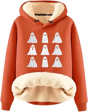 Ghost Halloween Hoodie for Women Fleece Lined Cozy Pullover Sweatshirt Fall Winter Streetwear Oversized Graphic Hooded