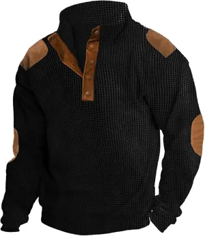 GIERIDUC Mens Corduroy Shirts Casual Lapel Collar Button Up Patchwork Pullover Mock Neck Long Sleeve Sweaters Polo Sweatshirt