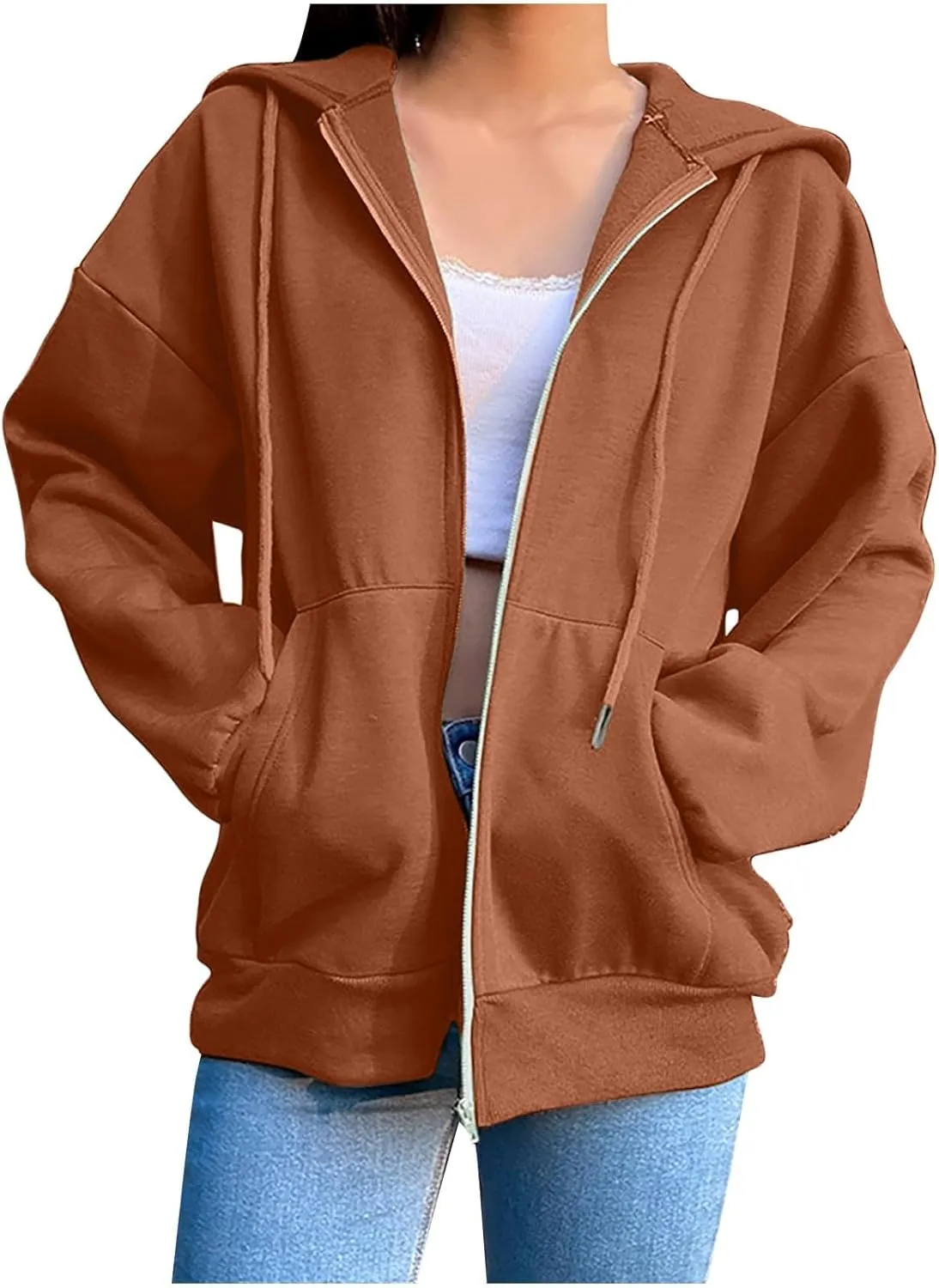 GIERIDUC Women's Zip Up Oversized Sweatshirts Fleece Jacket Coat Long Sleeve Casual Hoodies Fall Teen Girls Preppy Clothes