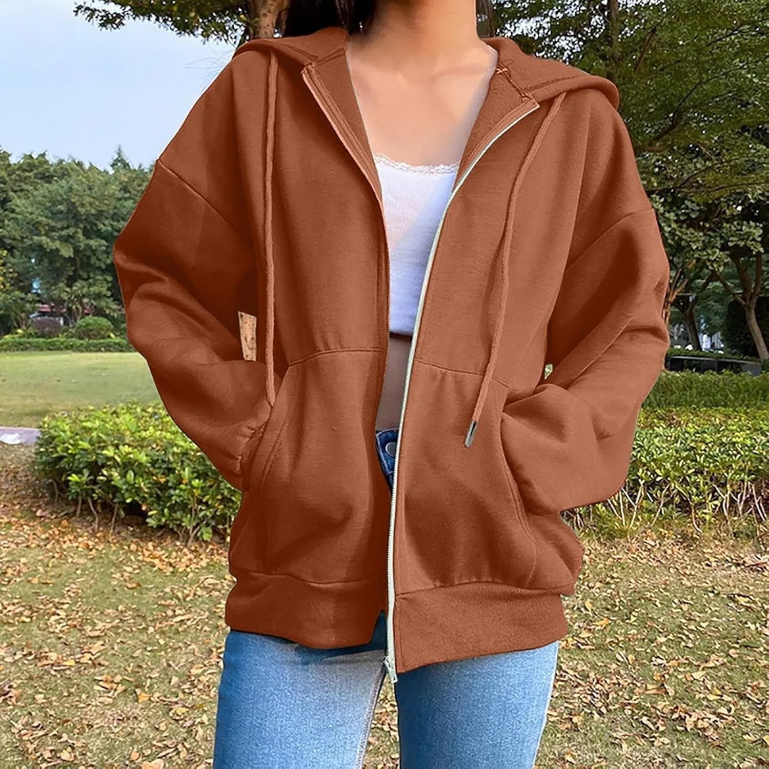 GIERIDUC Women's Zip Up Oversized Sweatshirts Fleece Jacket Coat Long Sleeve Casual Hoodies Fall Teen Girls Preppy Clothes