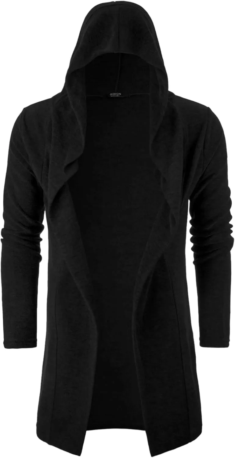 GIVON Longline Hooded Cardigan Ruffle Shawl Collar Open Front Drape Cape Overcoat with Fleece Fabric