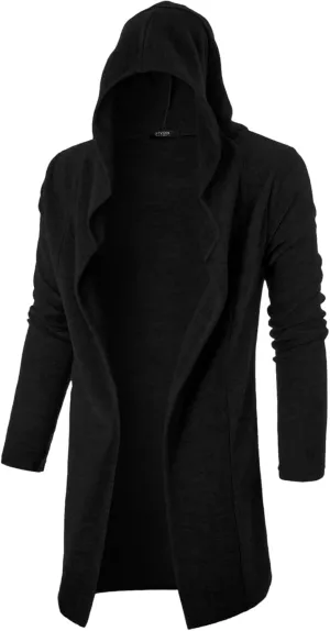 GIVON Longline Hooded Cardigan Ruffle Shawl Collar Open Front Drape Cape Overcoat with Fleece Fabric