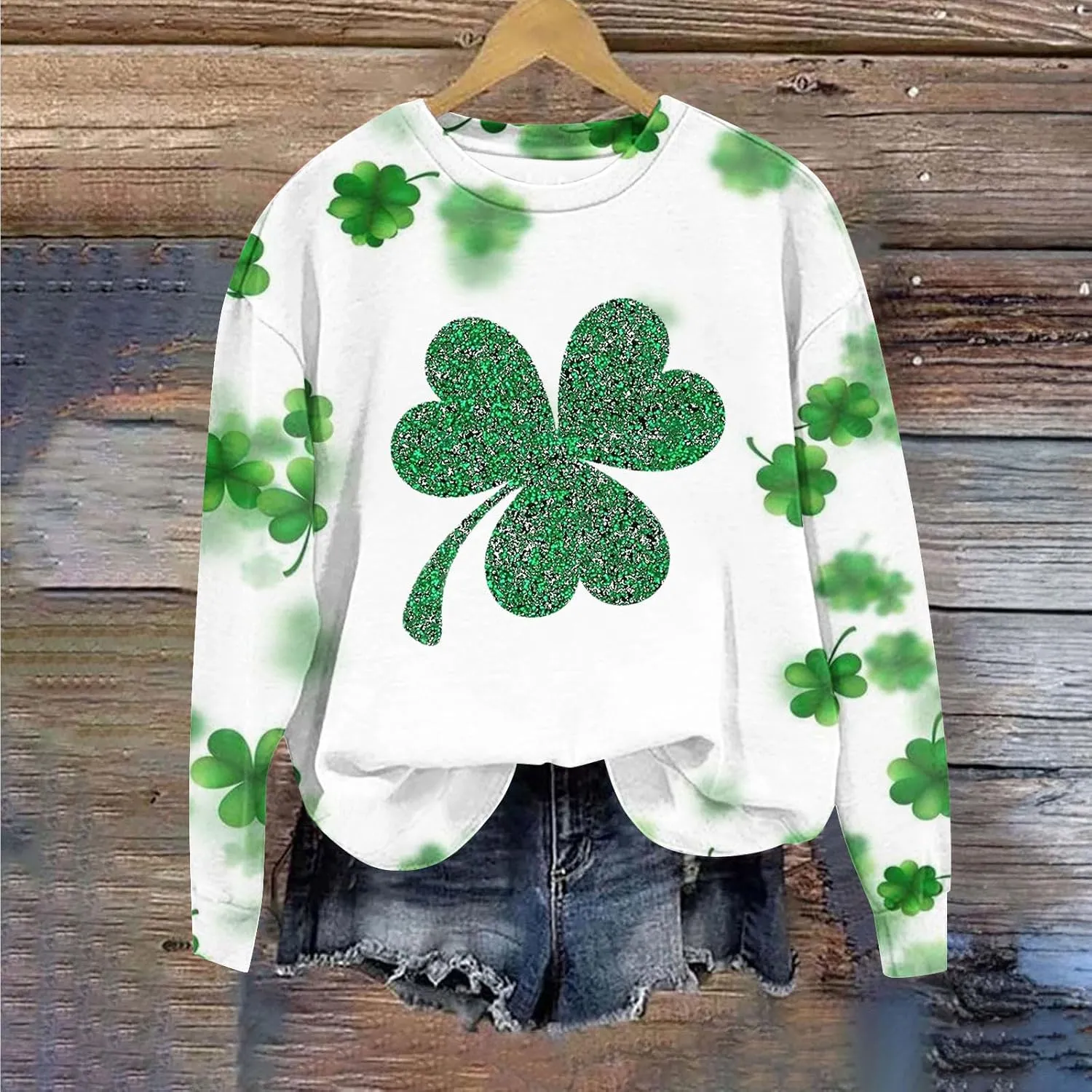 Glitter Shamrock Graphic Sweatshirt Women Long Sleeve Crewneck Casual St Patrick Day Pullover Lounge Streetwear Tops