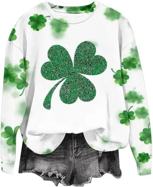 Glitter Shamrock Graphic Sweatshirt Women Long Sleeve Crewneck Casual St Patrick Day Pullover Lounge Streetwear Tops