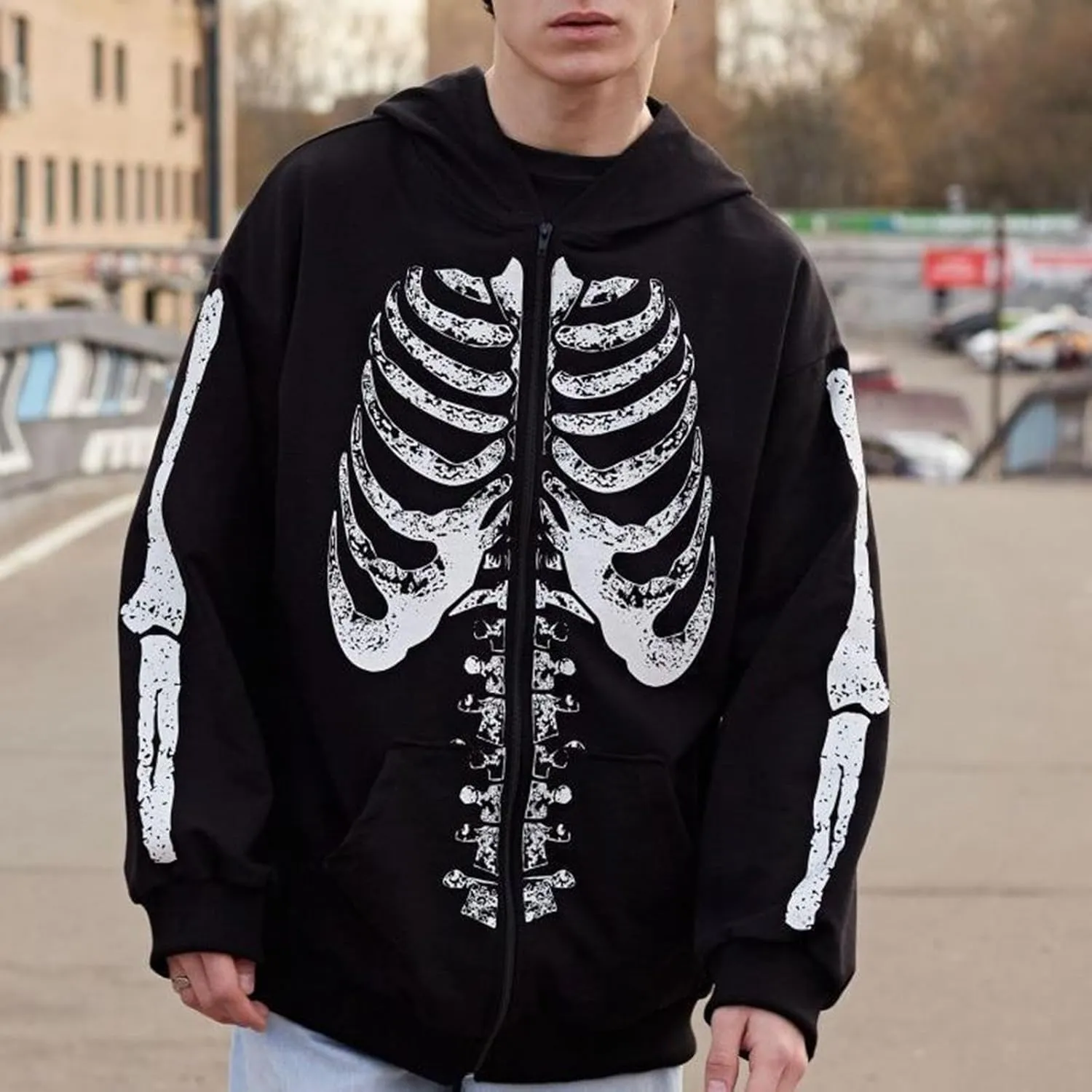 Graphic Hoodies For Men Skeleton Print Zip Up Coat Drawstring Jacket Long Sleeve Outwear Hooded Sweatshirt