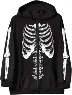 Graphic Hoodies For Men Skeleton Print Zip Up Coat Drawstring Jacket Long Sleeve Outwear Hooded Sweatshirt