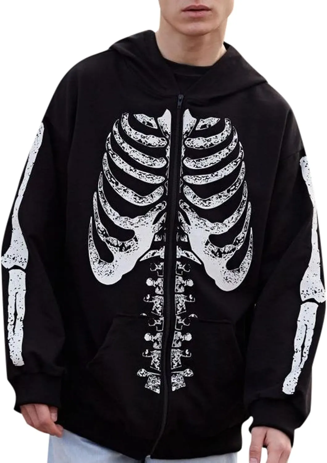 Graphic Hoodies For Men Skeleton Print Zip Up Coat Drawstring Jacket Long Sleeve Outwear Hooded Sweatshirt