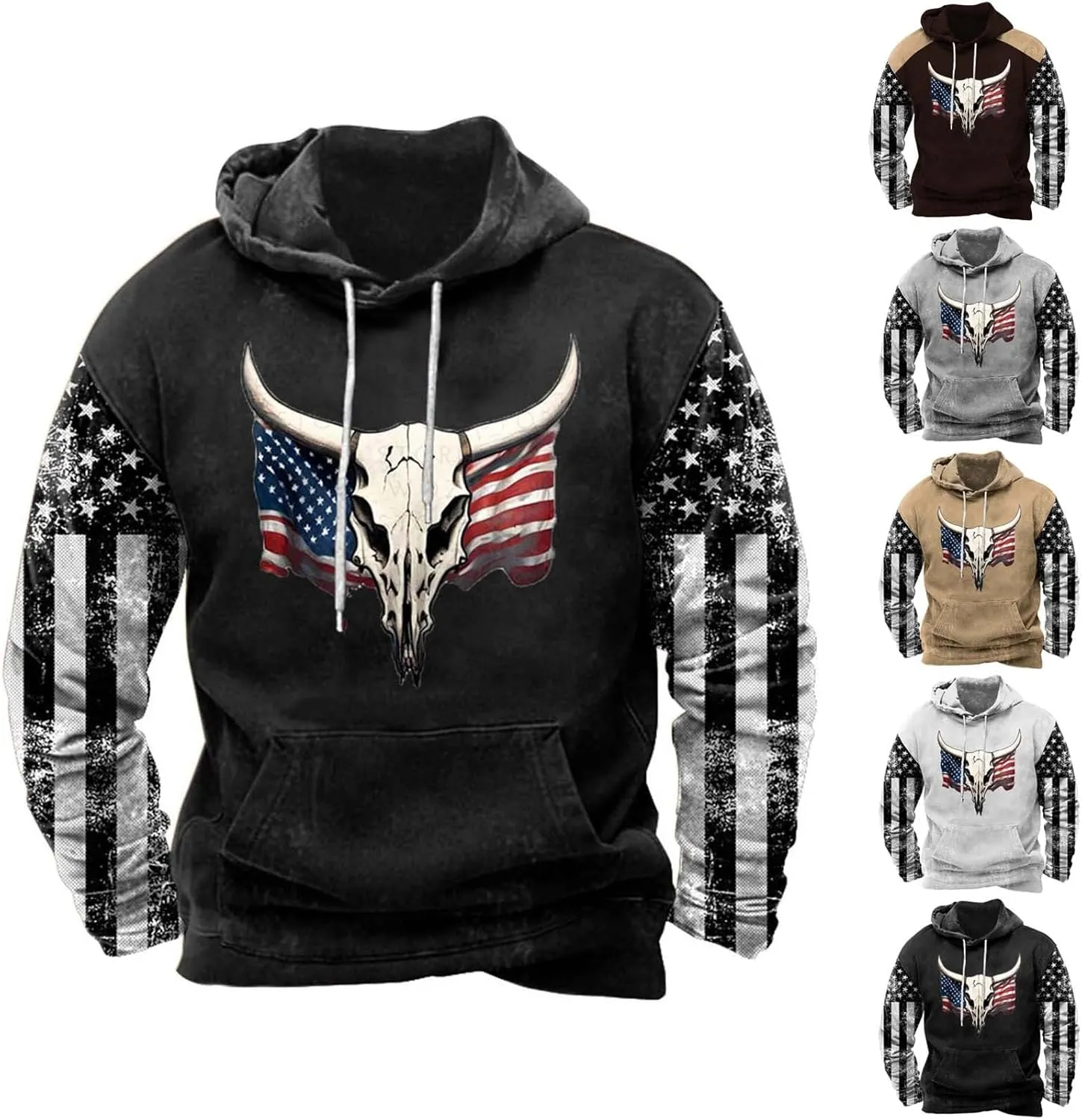 Graphic Hoodies for Men Western Aztec Ethnic Crewneck Sweatshirt USA Flag Patriotic Hoodie Oversized Hoodie Pullover