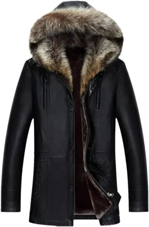 Haitpant Winter PU Jackets Leather Coat Men's Natural Fur Hooded Leather Jackets Winter Thicken Coat