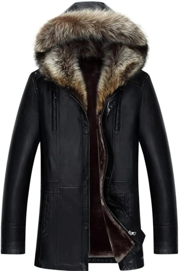 Haitpant Winter PU Jackets Leather Coat Men's Natural Fur Hooded Leather Jackets Winter Thicken Coat