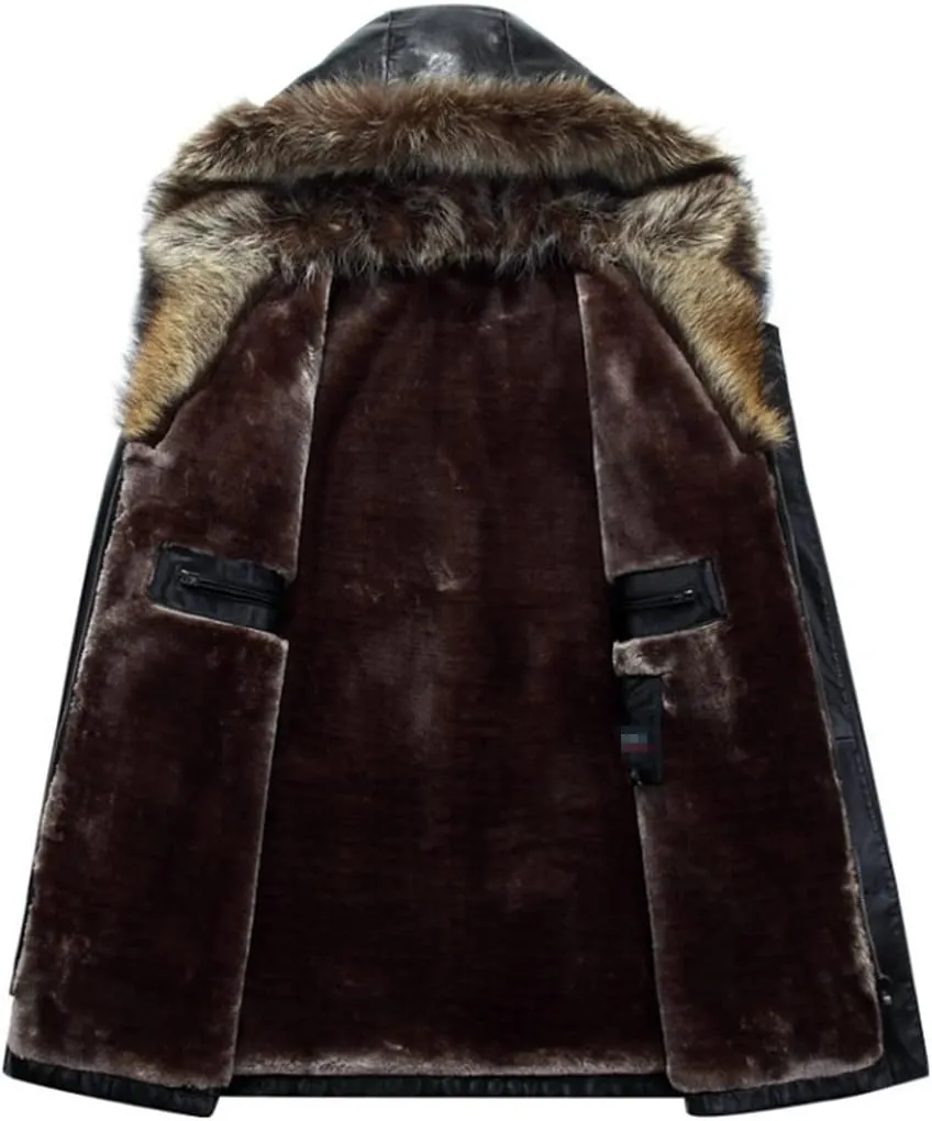 Haitpant Winter PU Jackets Leather Coat Men's Natural Fur Hooded Leather Jackets Winter Thicken Coat