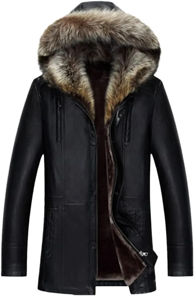 Haitpant Winter PU Jackets Leather Coat Men's Natural Fur Hooded Leather Jackets Winter Thicken Coat