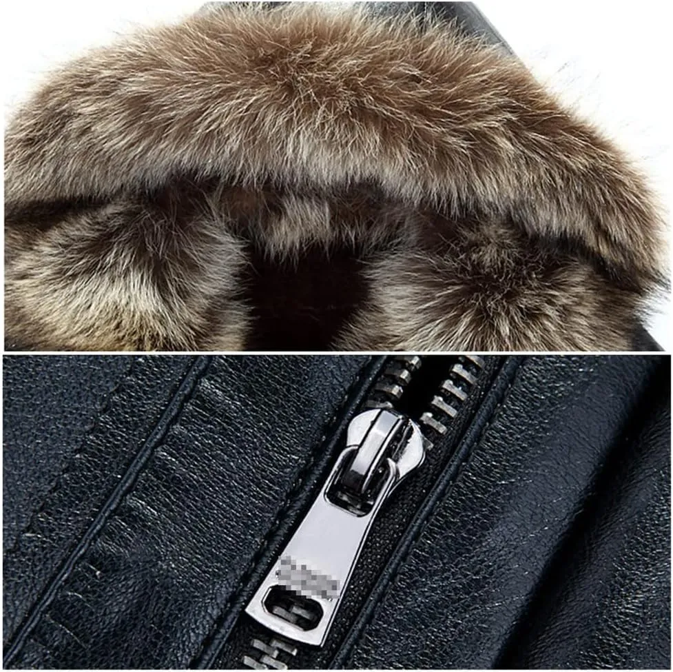 Haitpant Winter PU Jackets Leather Coat Men's Natural Fur Hooded Leather Jackets Winter Thicken Coat