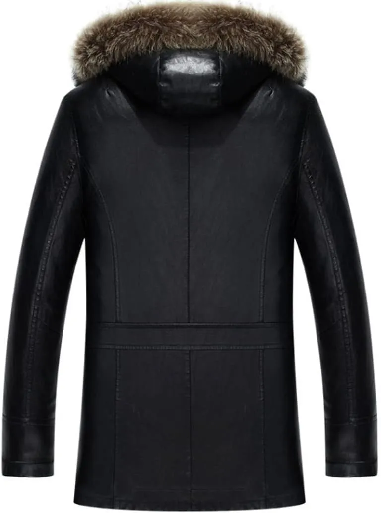 Haitpant Winter PU Jackets Leather Coat Men's Natural Fur Hooded Leather Jackets Winter Thicken Coat