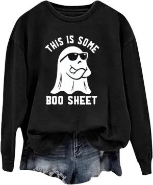 Halloween Crewneck Sweatshirts Women Ghost Print Loose Pullover Tops Graphic Long Sleeve Oversized Cute Sweatshirt