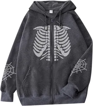Halloween Mens Zip Up Hoodie Skeleton Graphic Print Oversized Long Sleeve Jacket Teens Preppy Loose Casual Pullover