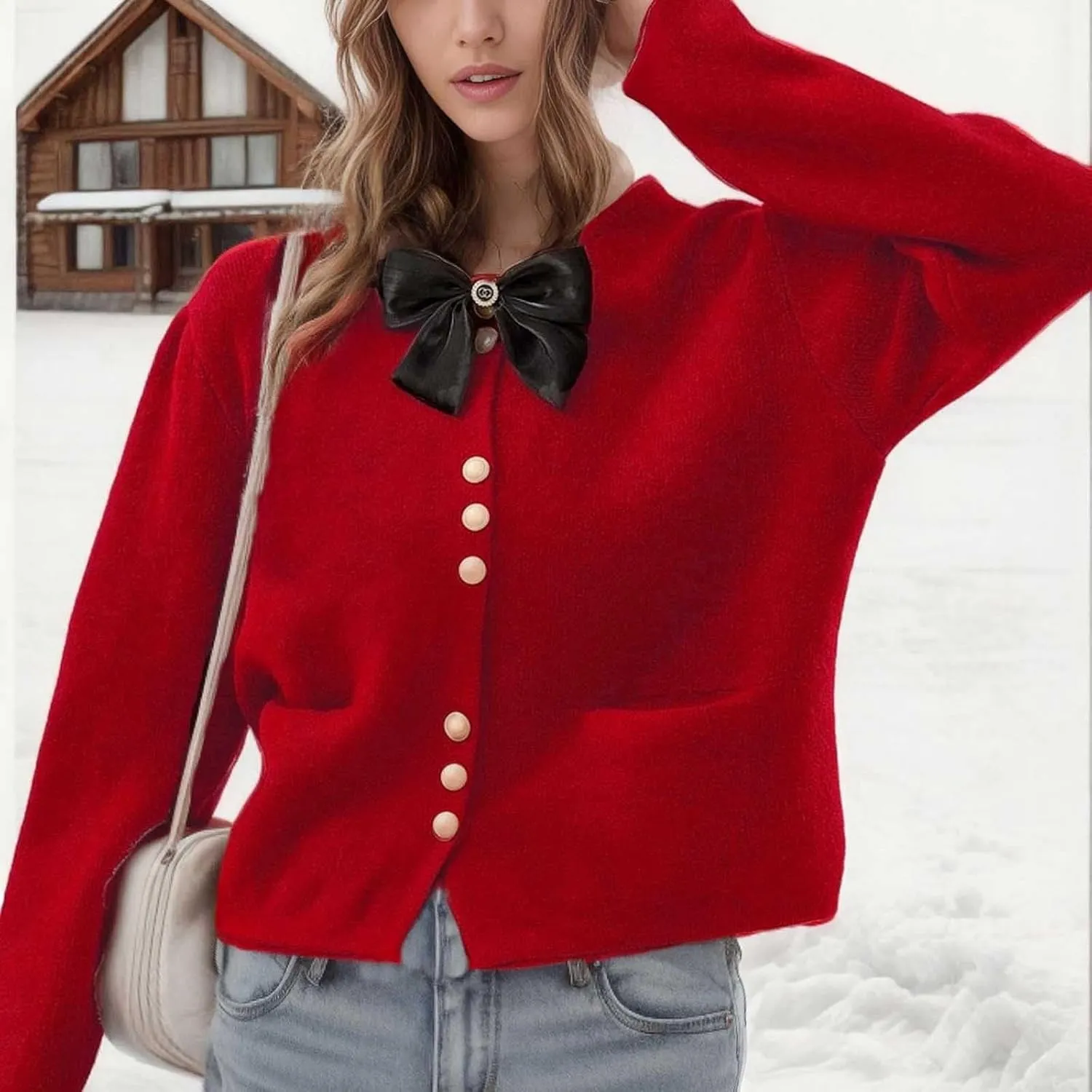 HGps8w Women's Cute Bow Cardigan Sweaters Loose Cozy Stand Collar Button Down Open Front Knitted Jackets Outerwear