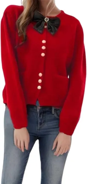 HGps8w Women's Cute Bow Cardigan Sweaters Loose Cozy Stand Collar Button Down Open Front Knitted Jackets Outerwear