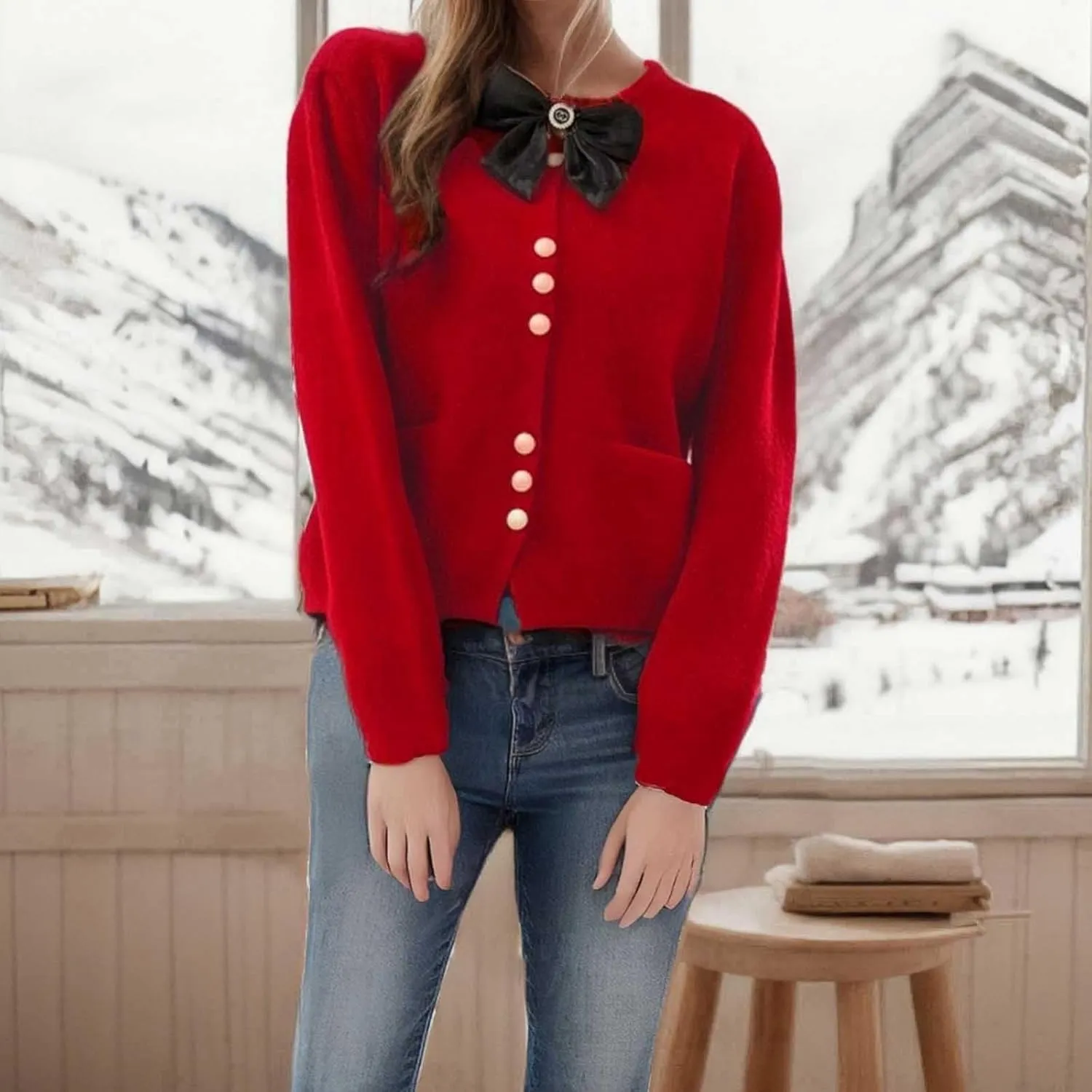 HGps8w Women's Cute Bow Cardigan Sweaters Loose Cozy Stand Collar Button Down Open Front Knitted Jackets Outerwear