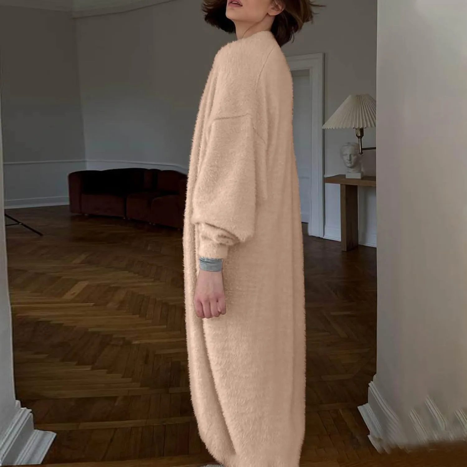 HGps8w Women's Fuzzy Soft Long Sweater Cardigans Casual Long Sleeve Open Front Knitted Outerwear Jackets