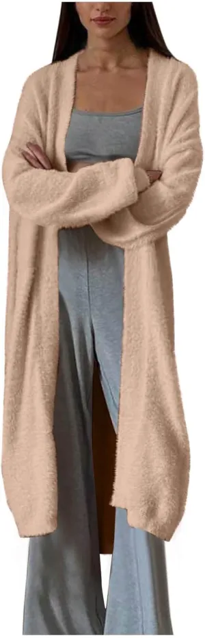HGps8w Women's Fuzzy Soft Long Sweater Cardigans Casual Long Sleeve Open Front Knitted Outerwear Jackets