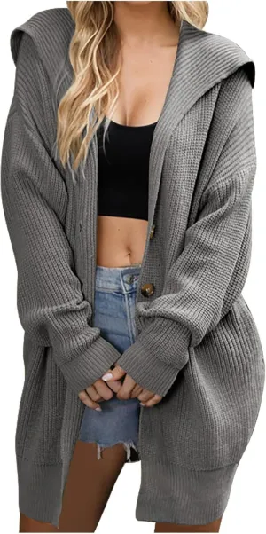 HGps8w Women's Winter Hooded Cardigans Open Front Loose Button Up Long Sleeve Knit Sweater Coat Outerwear with Pockets
