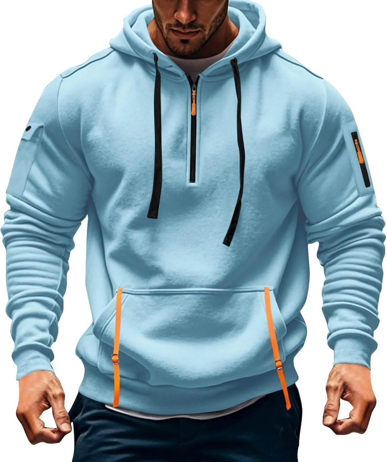 Hoodies for Men Quarter Zip Pullover Tactical Sweatshirt Casual Vintage Long Sleeve Workout Hoodie With Pockets