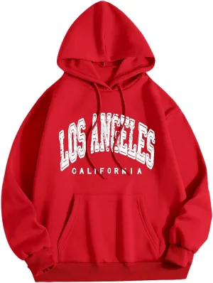Hoodies for Women Pullover Losangeles Letter Print Hooded Sweatshirt with Pocket Long Sleeve Causal Fleece Tee Aesthetic Fall