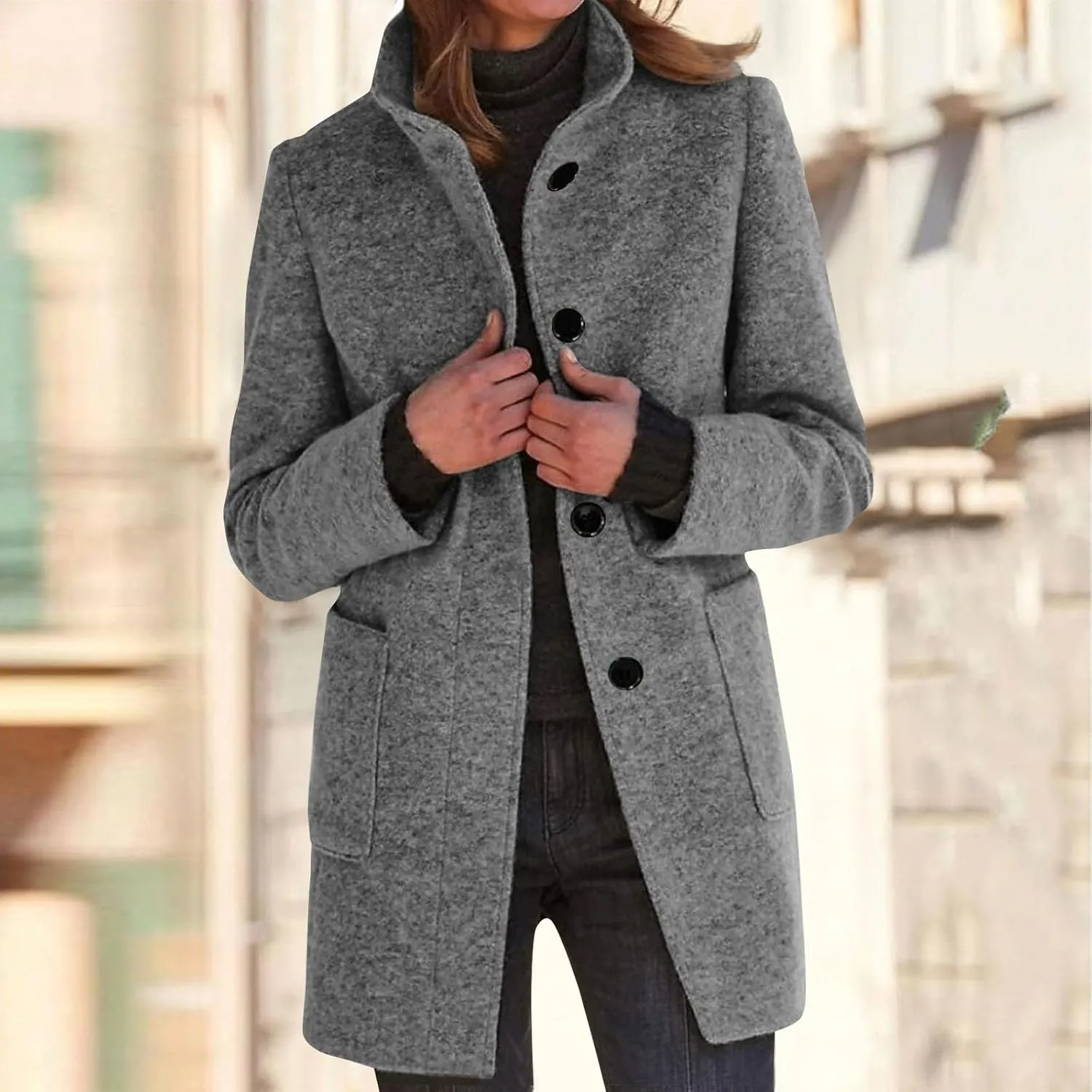 HXHYQKP Pea Coats for Women Basic Stand Collar Slim Fit Jacket Pea Coat Notched Lapel Trench Coat