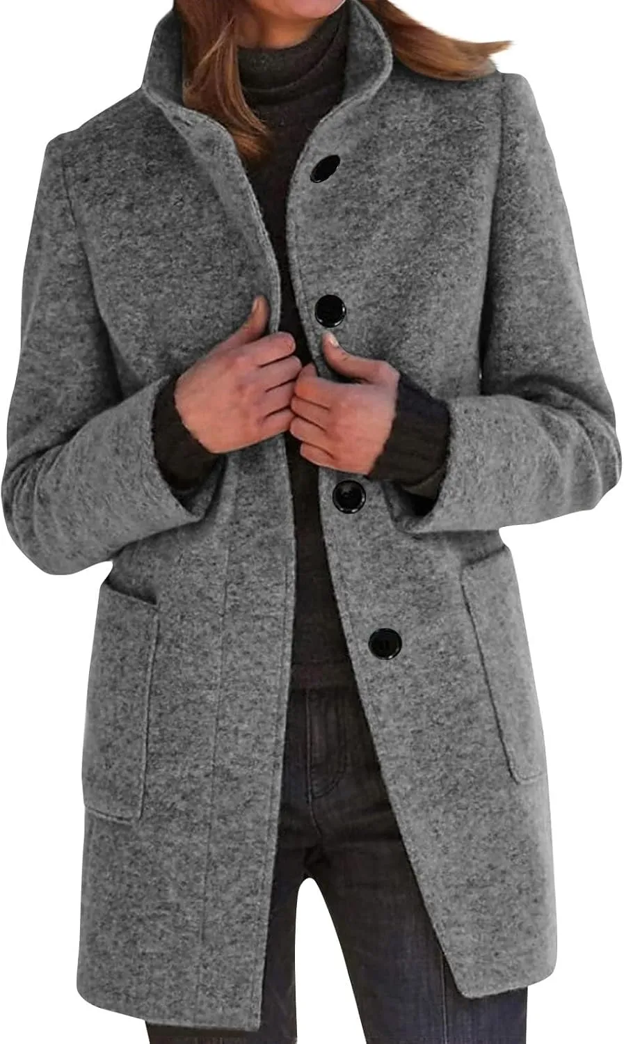 HXHYQKP Pea Coats for Women Basic Stand Collar Slim Fit Jacket Pea Coat Notched Lapel Trench Coat