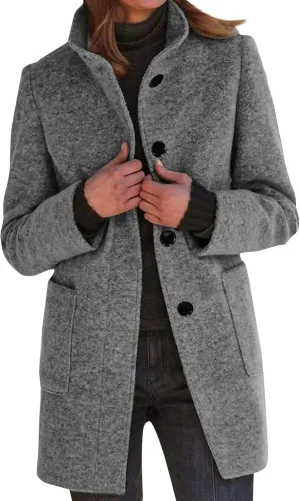 HXHYQKP Pea Coats for Women Basic Stand Collar Slim Fit Jacket Pea Coat Notched Lapel Trench Coat