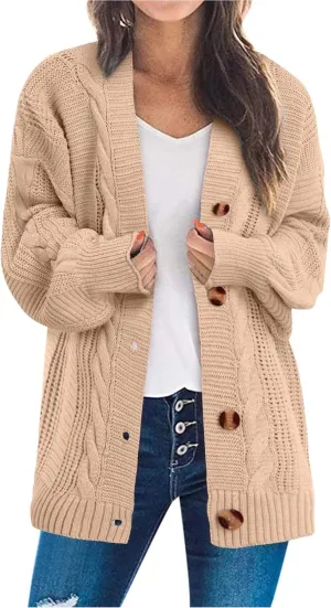 iLH Cardigan Sweaters for Women Open Front Cable Knit Sweater Chunky Crochet Outwear Coats Button down Fall Jackets
