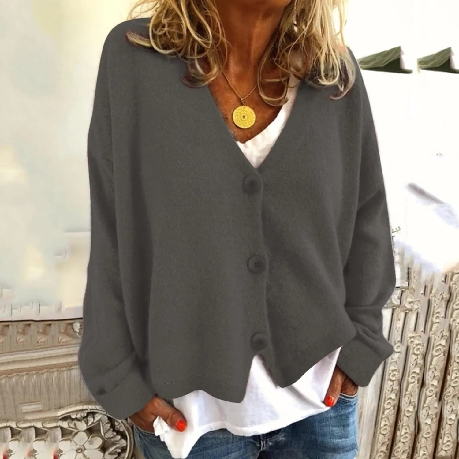 iLH Women's 2024 Fall Open Front Cardigan Loose Chunky Knitted Sweater V Neck Button Down Solid Casual Outwear Coats