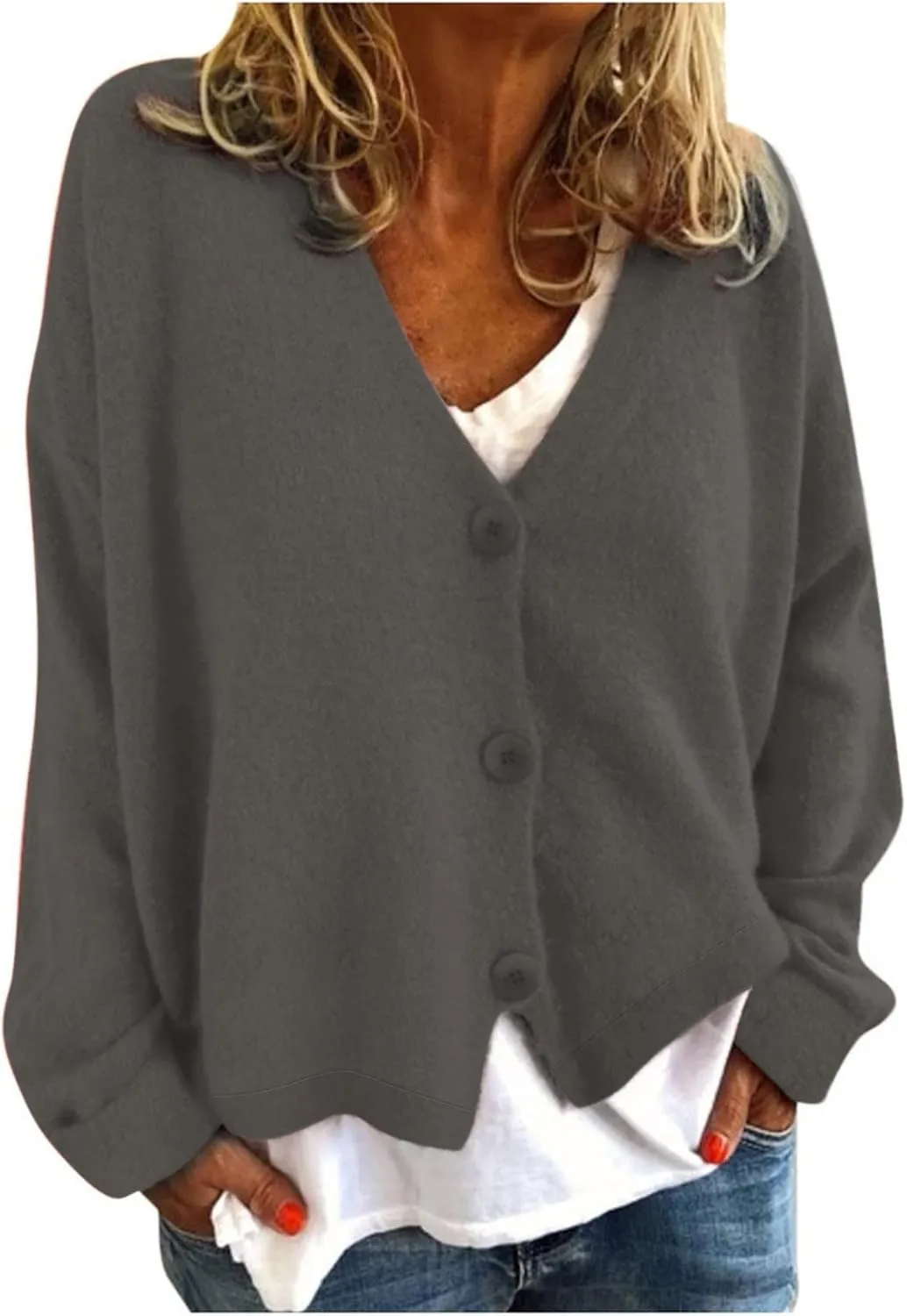 iLH Women's 2024 Fall Open Front Cardigan Loose Chunky Knitted Sweater V Neck Button Down Solid Casual Outwear Coats