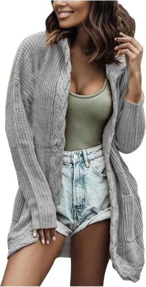 JOAU Women's Long Sleeve Soft Chunky Cable Knit Sweater Open Front Hooded Cardigans Outwear Casual Fall Winter Pockets Coat