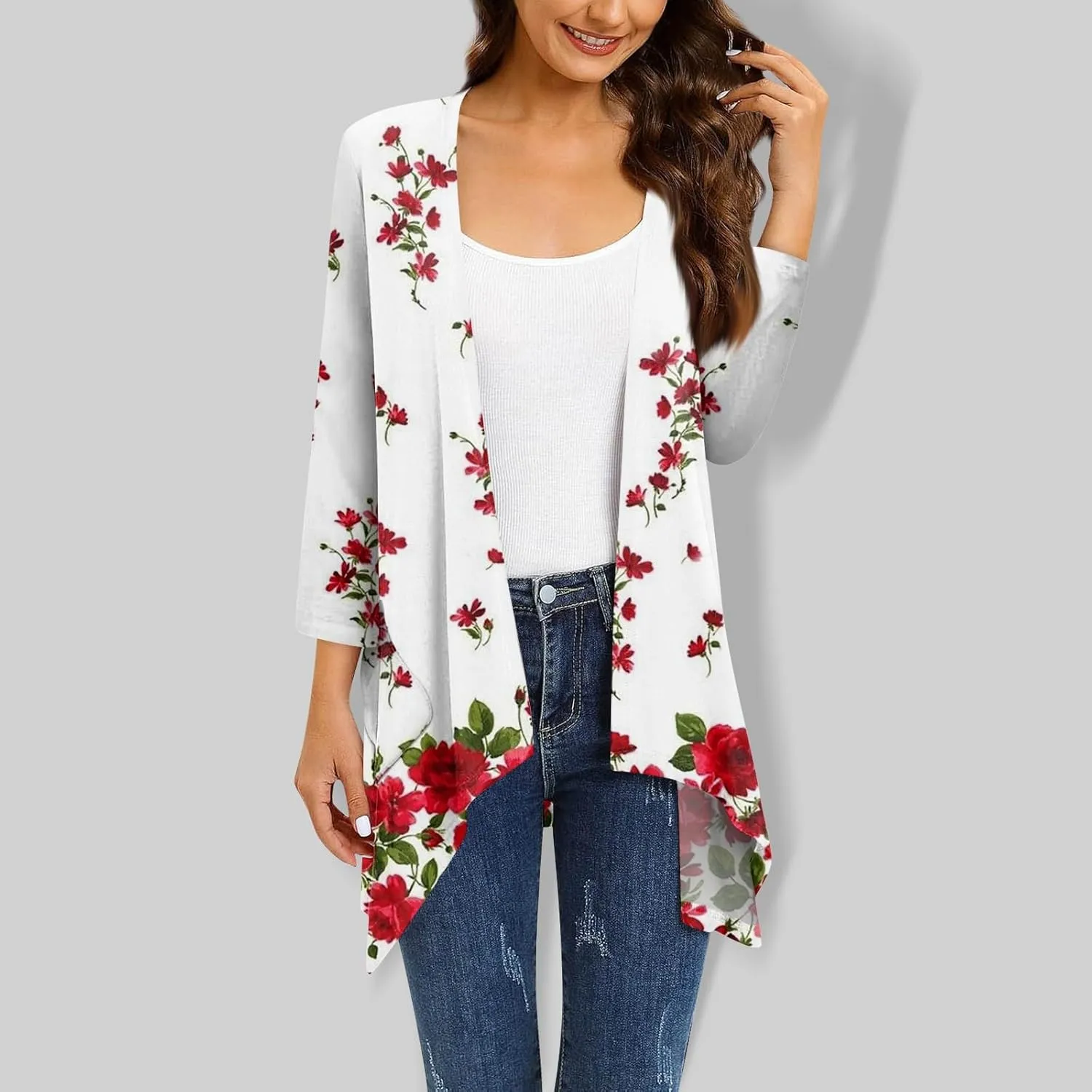 Kimono Cardigan 3/4 Sleeve Cardigan for Women,Plus Size Gradient Open Front Lightweight Summer Cardigan with Pocket