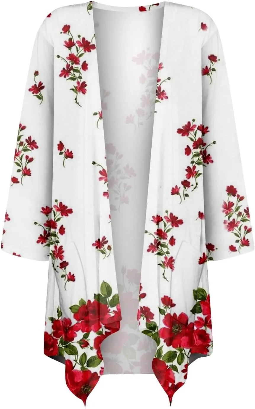 Kimono Cardigan 3/4 Sleeve Cardigan for Women,Plus Size Gradient Open Front Lightweight Summer Cardigan with Pocket