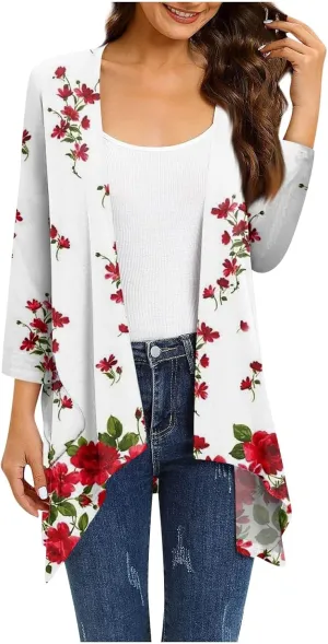 Kimono Cardigan 3/4 Sleeve Cardigan for Women,Plus Size Gradient Open Front Lightweight Summer Cardigan with Pocket