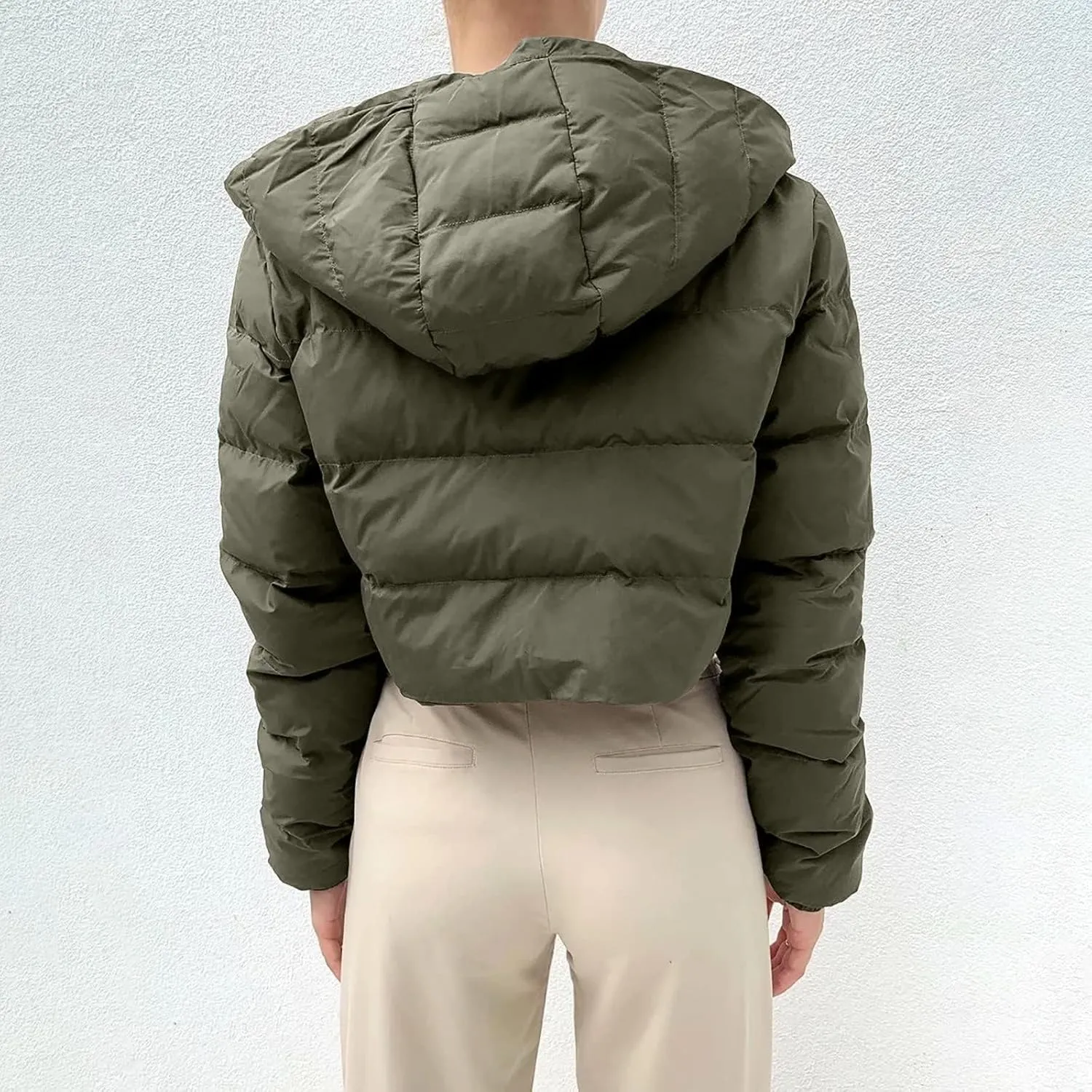 Kubbon Women Cropped Puffer Jacket Casual Long Sleeve Short Down Coat Cozy Warm Zip Up Hooded Jacket Hoodies with Pockets
