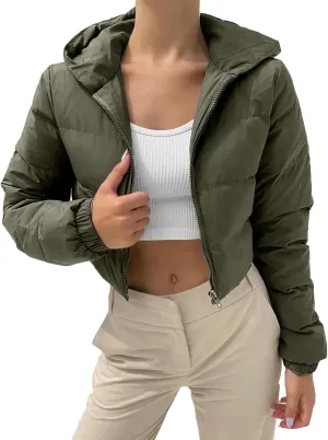 Kubbon Women Cropped Puffer Jacket Casual Long Sleeve Short Down Coat Cozy Warm Zip Up Hooded Jacket Hoodies with Pockets