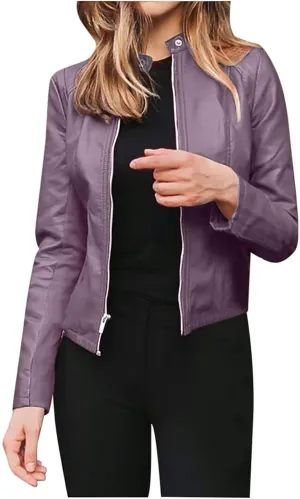 LCMTWX Brown Jacket Women Full Zip Snap Stand Collar Long Sleeve Outwear Cool Slim Jacket Coat for Vacation Daily Biker