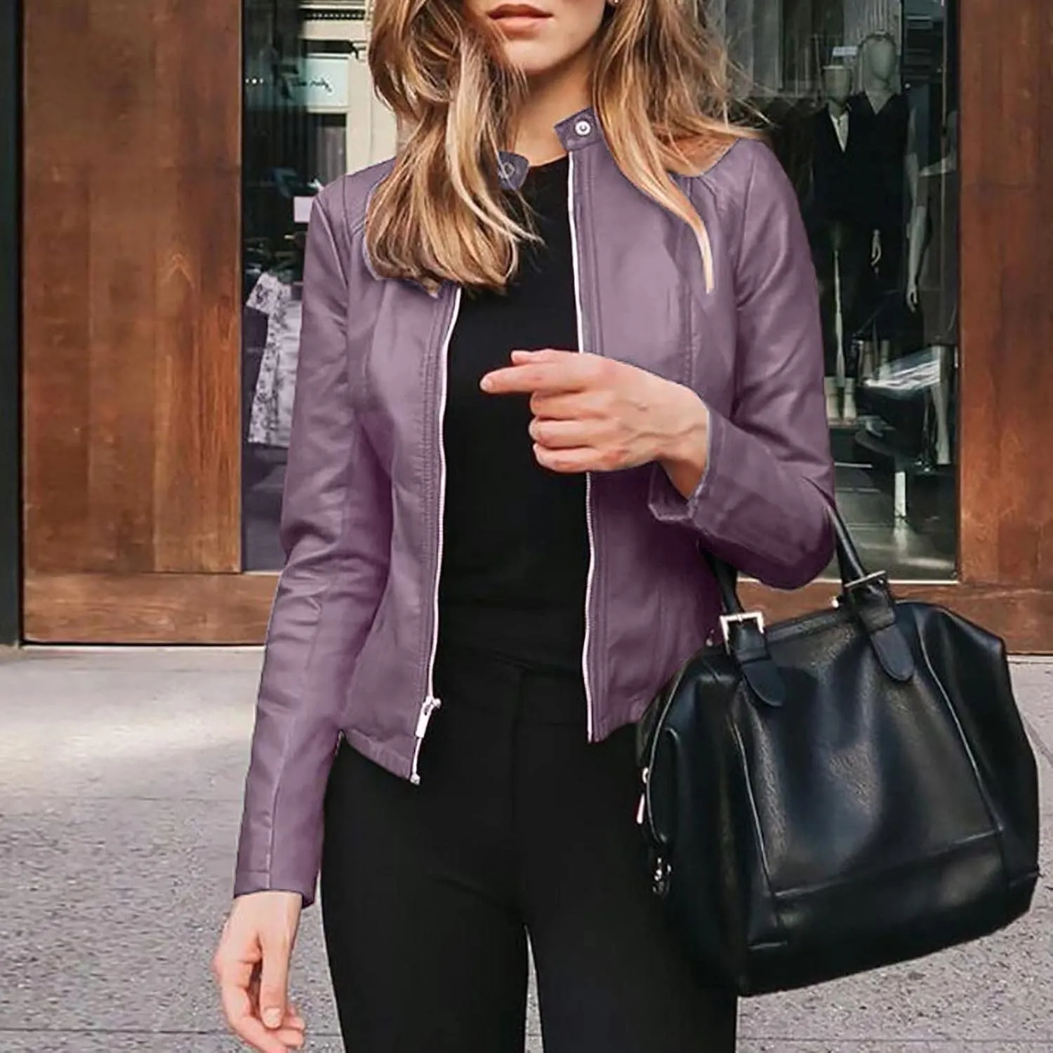 LCMTWX Brown Jacket Women Full Zip Snap Stand Collar Long Sleeve Outwear Cool Slim Jacket Coat for Vacation Daily Biker