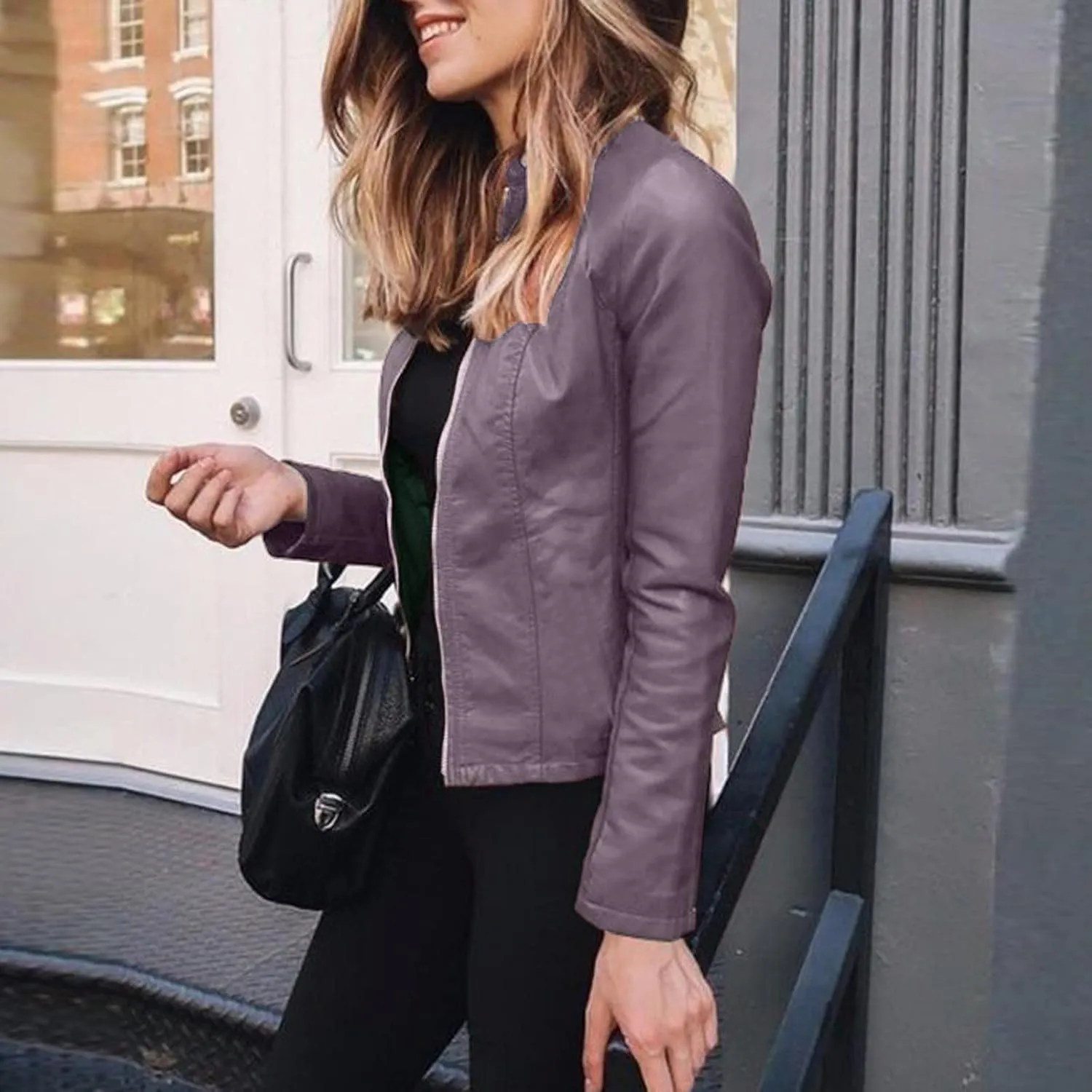 LCMTWX Brown Jacket Women Full Zip Snap Stand Collar Long Sleeve Outwear Cool Slim Jacket Coat for Vacation Daily Biker