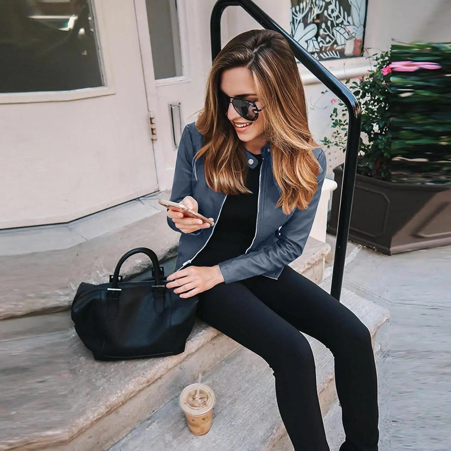 LCMTWX Brown Jacket Women Full Zip Snap Stand Collar Long Sleeve Outwear Cool Slim Jacket Coat for Vacation Daily Biker