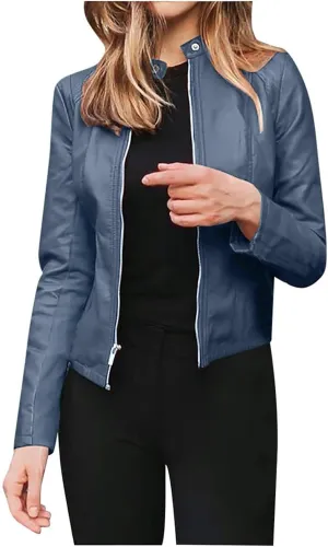 LCMTWX Brown Jacket Women Full Zip Snap Stand Collar Long Sleeve Outwear Cool Slim Jacket Coat for Vacation Daily Biker