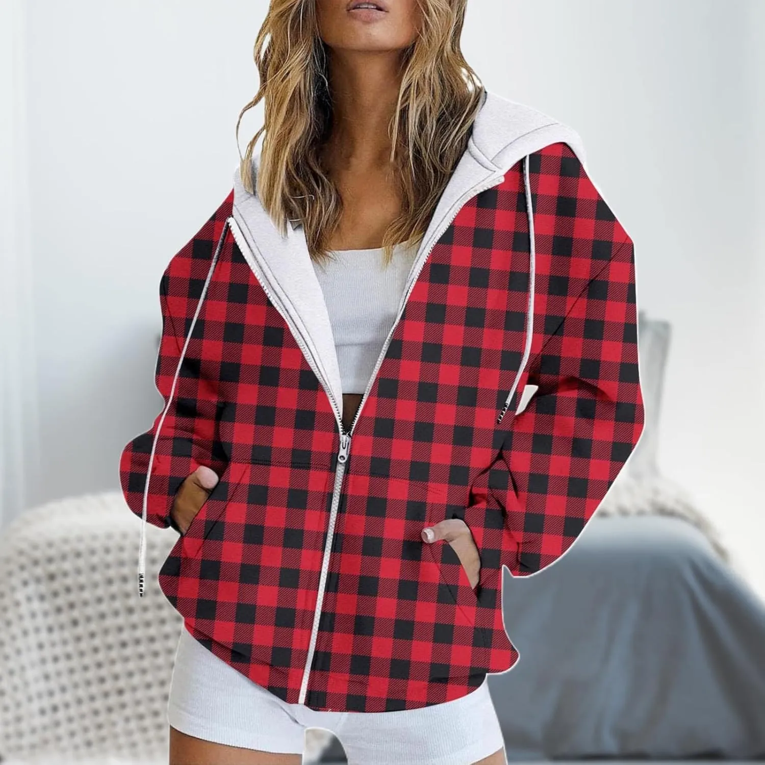 LCMTWX Women's Relaxed Fit Graphic Sweatshirt Printed Casual Pocket Long Sleeve Jacket Cute Drawstring Fall Clothes with Whit