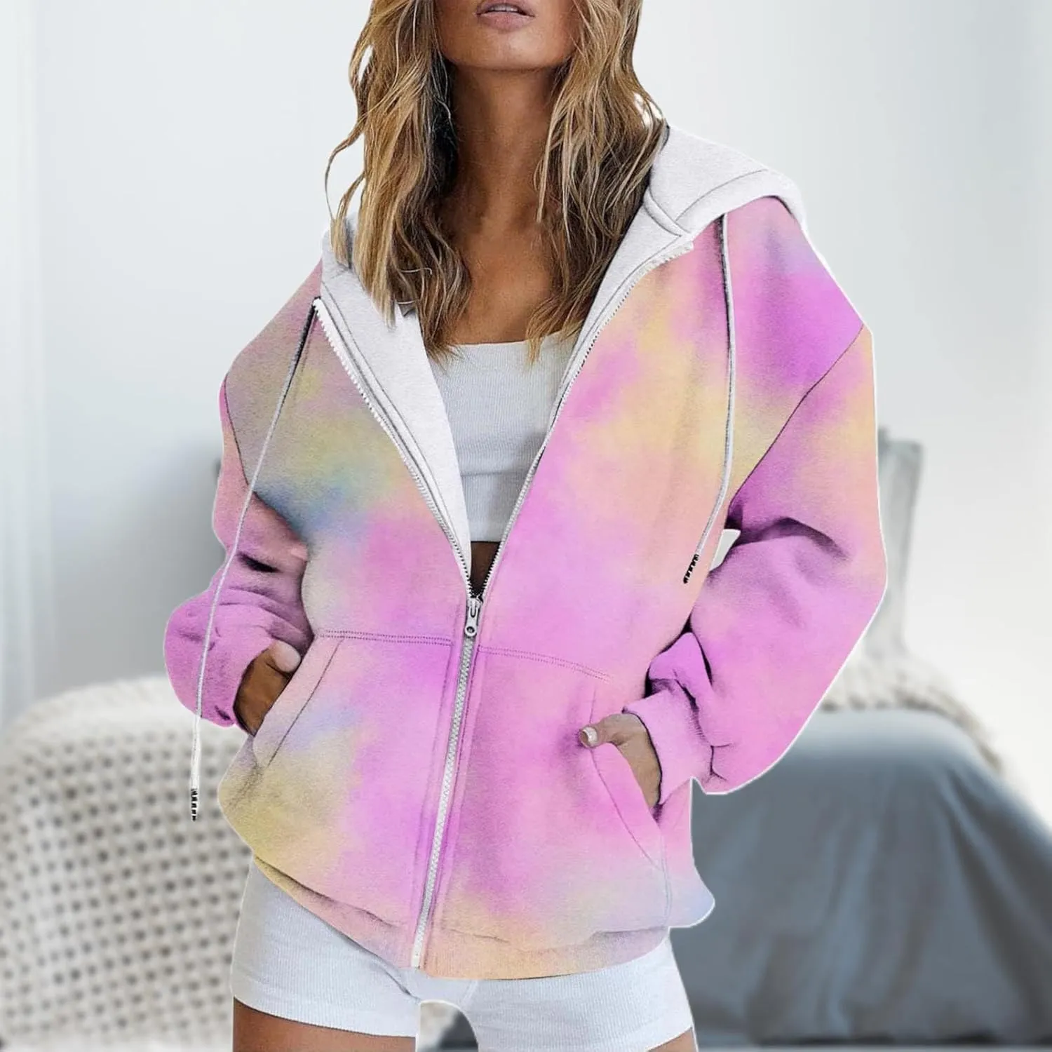 LCMTWX Women's Relaxed Fit Graphic Sweatshirt Printed Casual Pocket Long Sleeve Jacket Cute Drawstring Fall Clothes with Whit