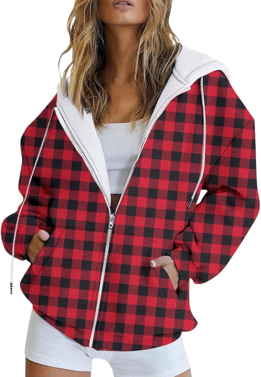 LCMTWX Women's Relaxed Fit Graphic Sweatshirt Printed Casual Pocket Long Sleeve Jacket Cute Drawstring Fall Clothes with Whit