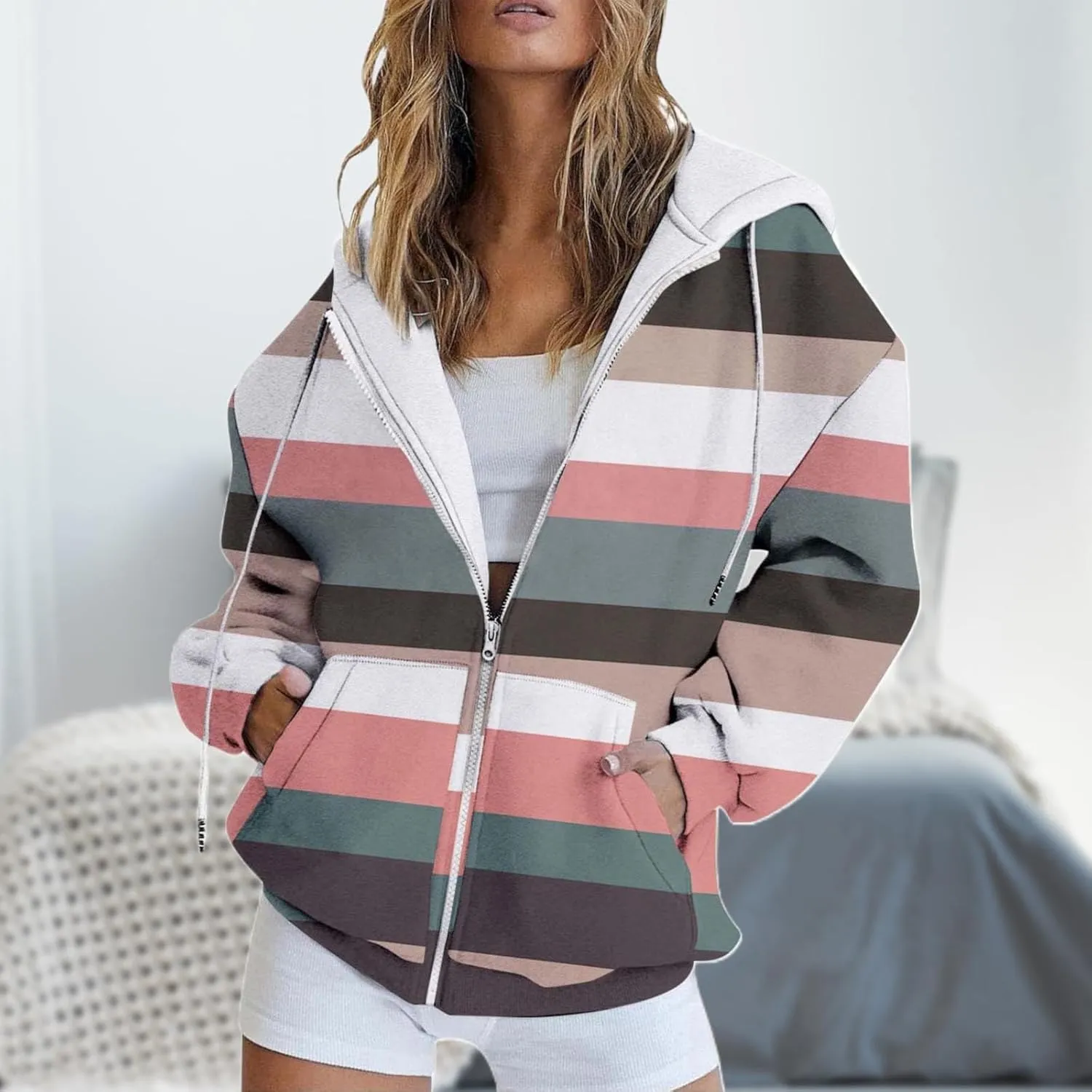 LCMTWX Women's Relaxed Fit Graphic Sweatshirt Printed Casual Pocket Long Sleeve Jacket Cute Drawstring Fall Clothes with Whit