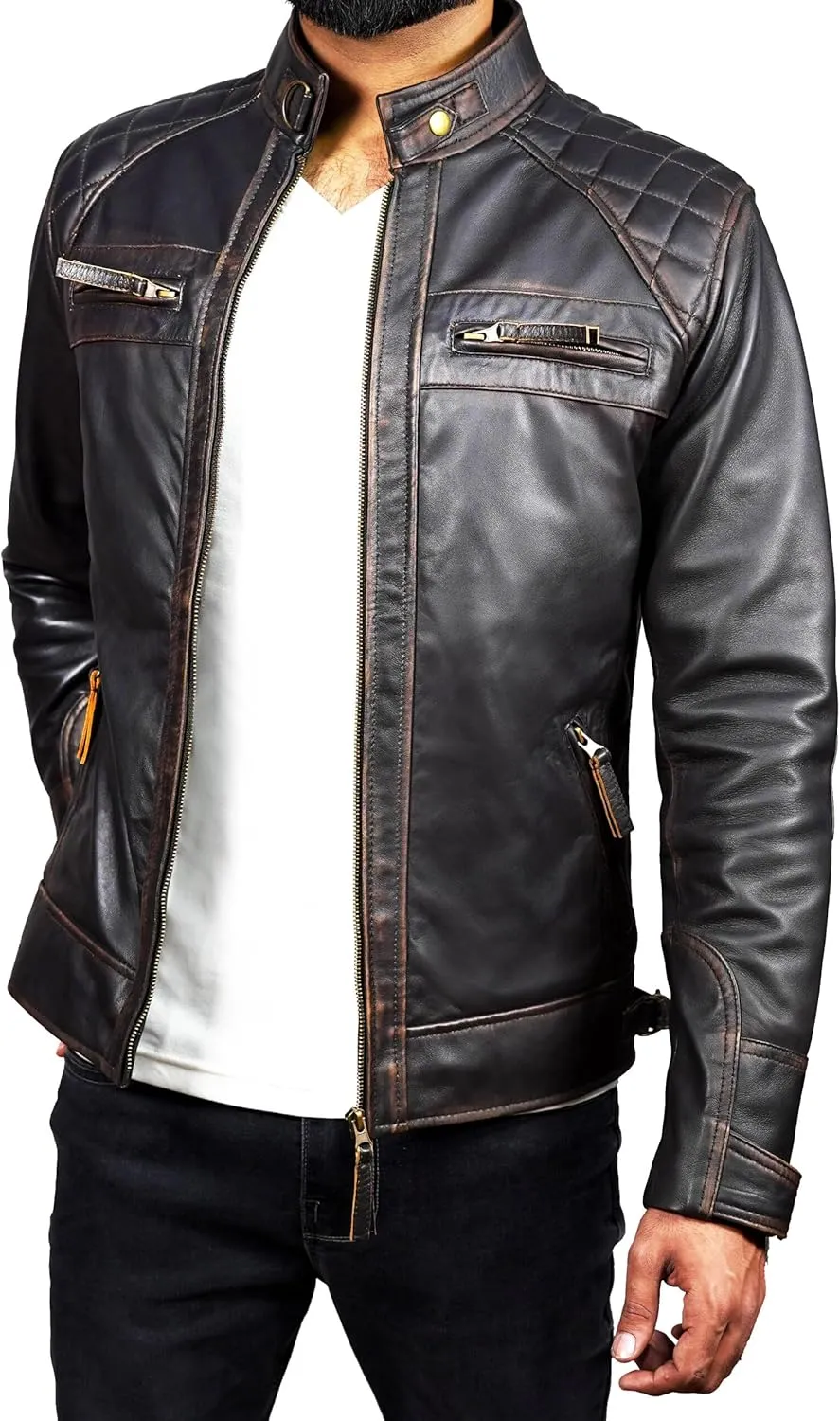 Leather Jacket Men - Cafe Racer Mens Jackets Casual Stylish Motorcycle Jacket - Lambskin Men's Biker Leather Jackets For Men